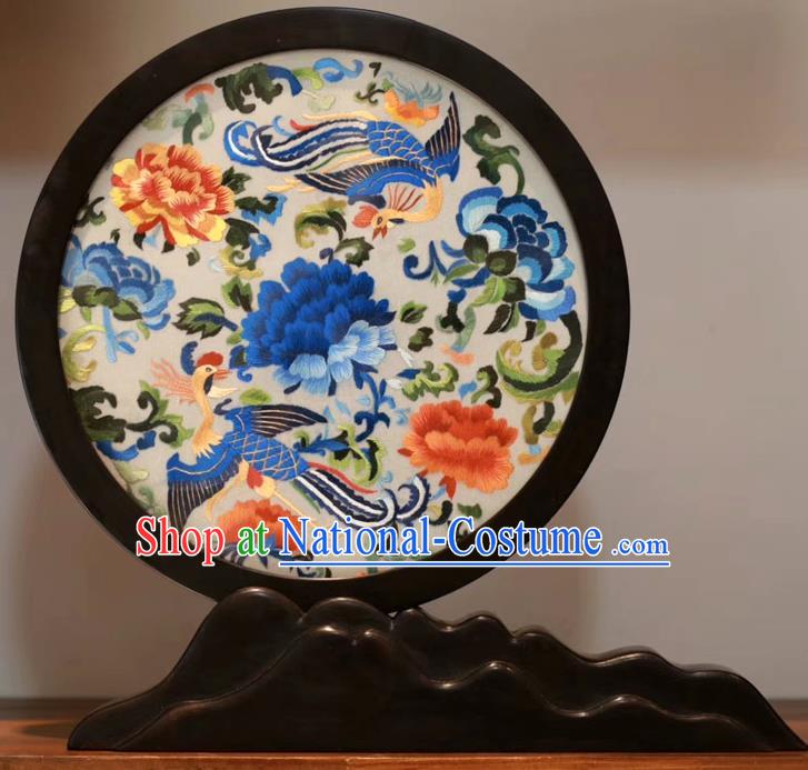 China Traditional Double Side Embroidered Phoenix Peony Table Screen Handmade Blackwood Desk Ornament