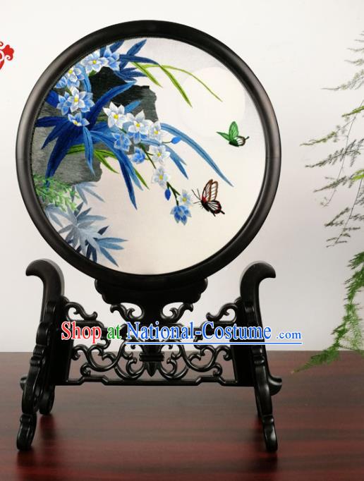 China Handmade Blackwood Decoration Traditional Double Side Silk Screen Suzhou Embroidery Orchids Table Screen