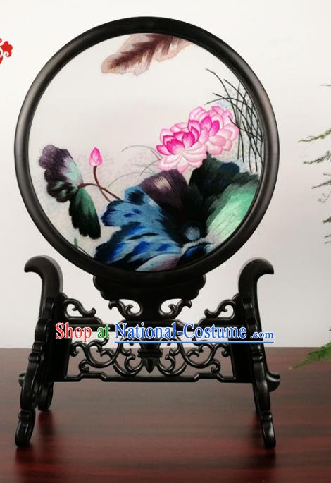 China Suzhou Embroidery Lotus Table Screen Handmade Blackwood Decoration Traditional Double Side Silk Screen