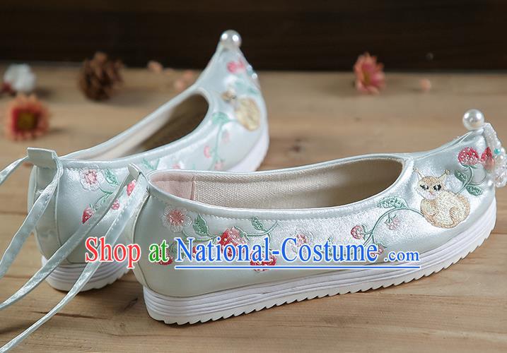 China Light Green Satin Shoes Beads Tassel Shoes Hanfu Shoes Embroidered Strawberry Squirrel Shoes