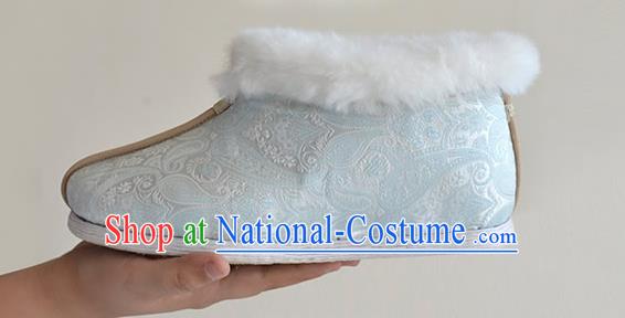 China Hanfu Short Boots Traditional Light Blue Brocade Shoes National Winter Cotton Padded Shoes