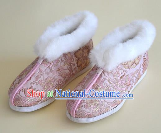 China Traditional Pink Brocade Shoes National Winter Cotton Padded Shoes Hanfu Short Boots