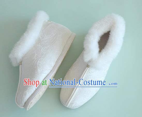 China Traditional Hanfu White Brocade Short Boots National Winter Women Cotton Padded Shoes