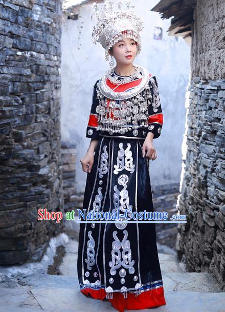 Chinese Miao Nationality Stage Show Clothing Hmong Ethnic Female Folk Dance Black Outfits and Silver Hair Jewelry