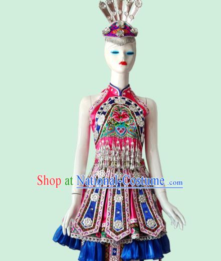 Chinese Xiangxi Ethnic Woman Costume Tujia Nationality Dress Minority Folk Dance Rosy Outfits Clothing and Hair Jewelry