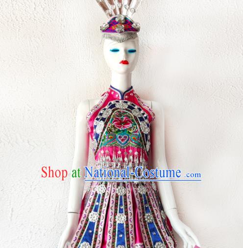 Chinese Xiangxi Ethnic Woman Costume Tujia Nationality Dress Minority Folk Dance Rosy Outfits Clothing and Hair Jewelry