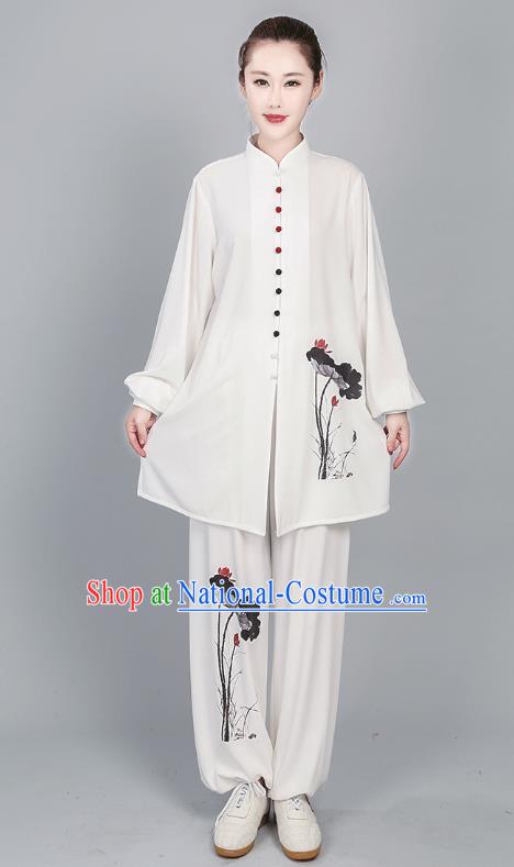 China Tai Chi Training Clothing Kung Fu White Flax Costumes Martial Arts Ink Painting Lotus Uniforms