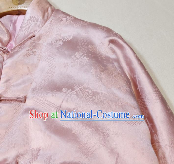 China Traditional Tang Suit Outer Garment Woman Classical Plum Blossom Pattern Pink Silk Jacket