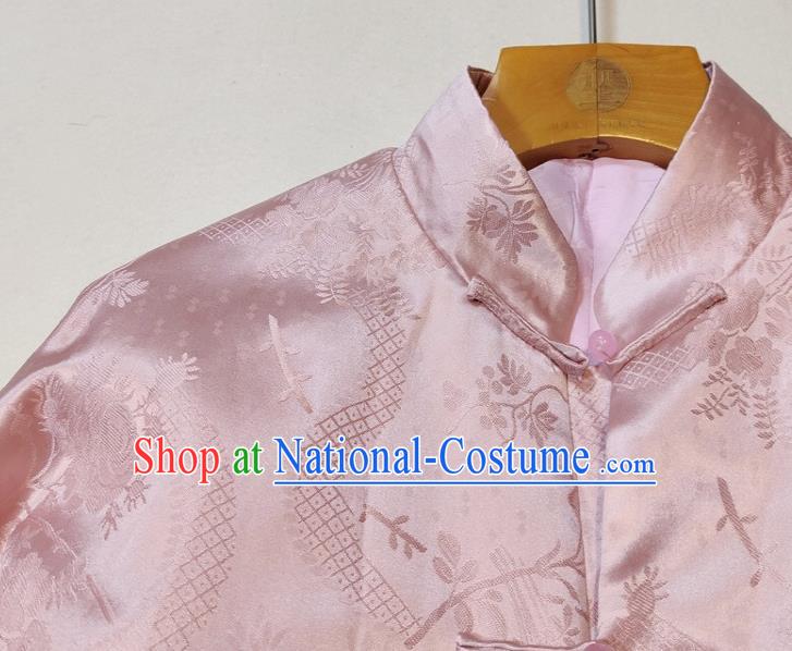 China Traditional Tang Suit Outer Garment Woman Classical Plum Blossom Pattern Pink Silk Jacket