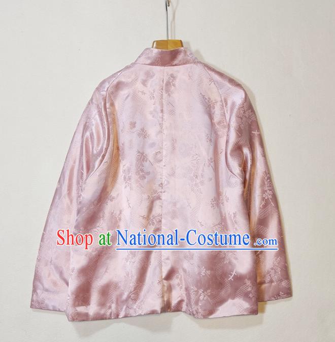 China Traditional Tang Suit Outer Garment Woman Classical Plum Blossom Pattern Pink Silk Jacket