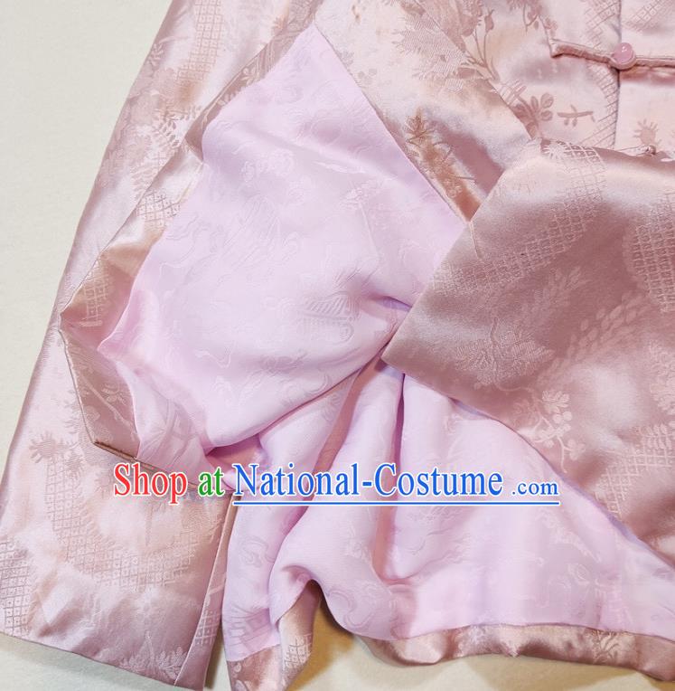 China Traditional Tang Suit Outer Garment Woman Classical Plum Blossom Pattern Pink Silk Jacket