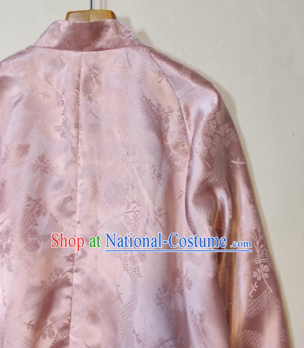 China Traditional Tang Suit Outer Garment Woman Classical Plum Blossom Pattern Pink Silk Jacket