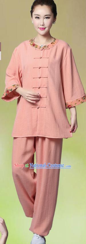 China Woman Summer Kung Fu Training Clothing Traditional Tai Chi Competition Pink Flax Uniforms