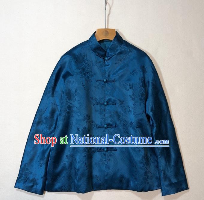 China Woman Classical Deep Blue Silk Jacket Traditional Tang Suit Outer Garment