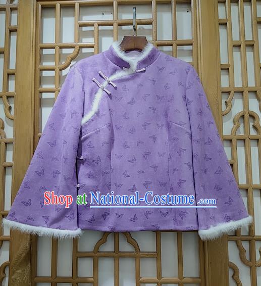 China Woman Classical Butterfly Pattern Lilac Brocade Jacket Traditional Tang Suit Winter Cotton Padded Coat