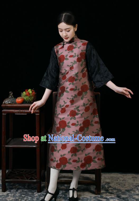 Chinese Classical Deep Pink Long Vest Dress National Cheongsam Traditional Women Clothing