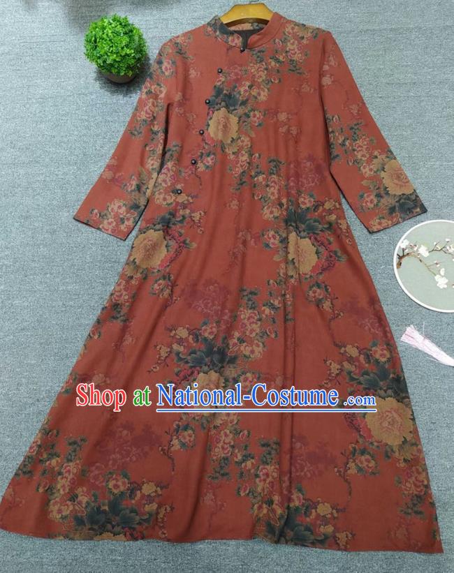 Chinese Classical Red Qipao Dress Traditional Peony Pattern Cheongsam National Women Clothing