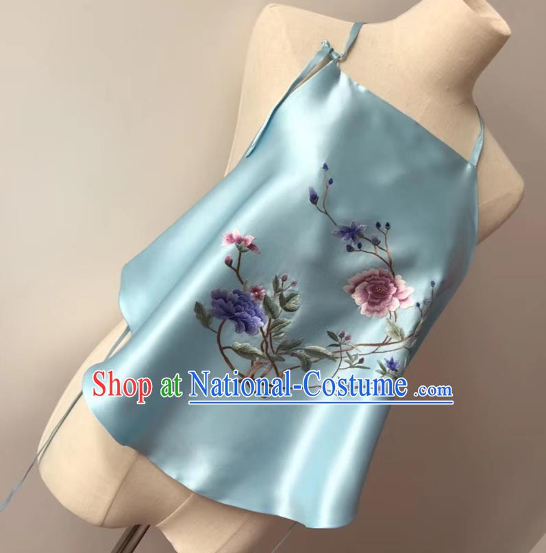 Chinese National Women Stomachers Embroidered Peony Bellyband Tang Suit Light Blue Silk Undergarment