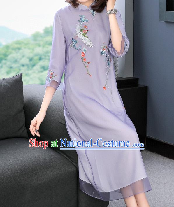 Chinese Women National Classical Qipao Dress Traditional Embroidered Crane Lilac Chiffon Cheongsam