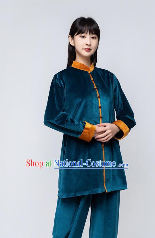 China Traditional Kung Fu Costumes Martial Arts Competition Clothing Woman Tai Chi Training Peacock Blue Pleuche Uniforms