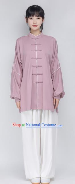 China Traditional Kung Fu Performance Costumes Woman Tai Chi Training Uniforms Lilac Shirt and White Pants