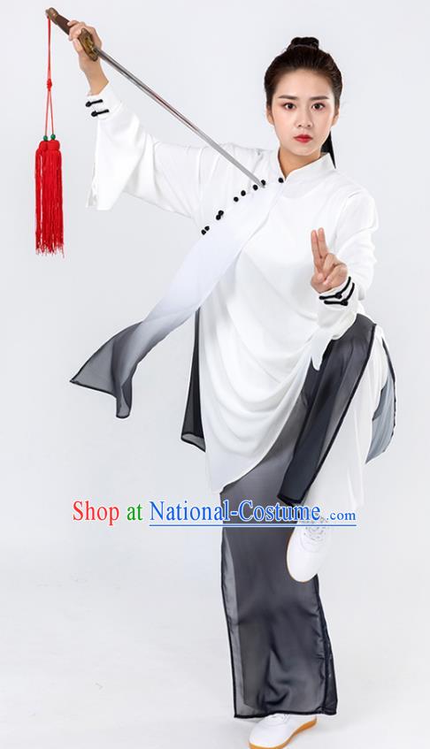 China Woman Kung Fu Wushu Grey Chiffon Uniforms Traditional Tai Chi Competition Clothing