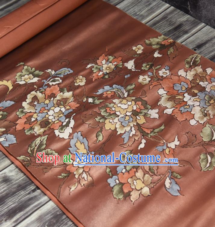 Traditional Japanese Classical Flowers Pattern Silk Fabric Asian Japan Kimono Belt Brownish Red Brocade Material