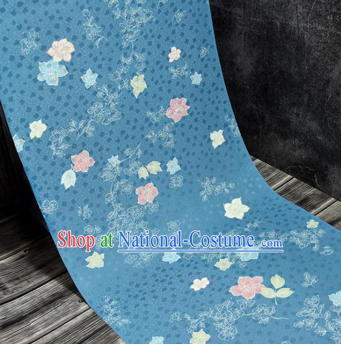 Asian Japan Classical Kimono Blue Brocade Tapestry Traditional Qipao Dress Flowers Pattern Silk Fabric