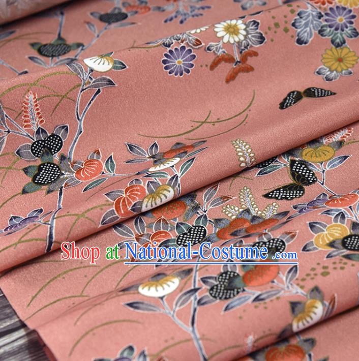 Asian Japan Kimono Classical Persimmon Flowers Pattern Brocade Fabric Traditional Hanfu Dress Pink Silk