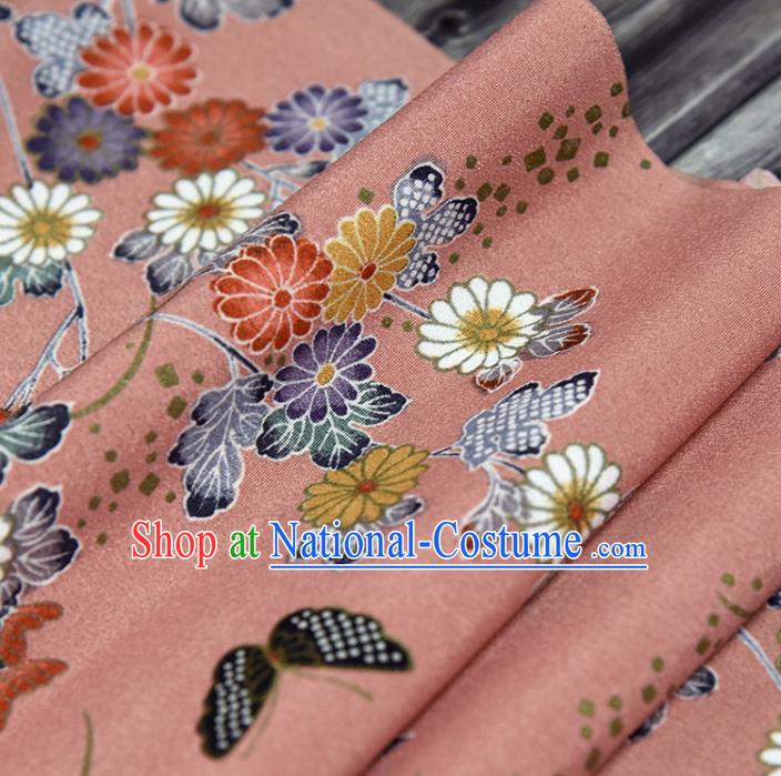 Asian Japan Kimono Classical Persimmon Flowers Pattern Brocade Fabric Traditional Hanfu Dress Pink Silk