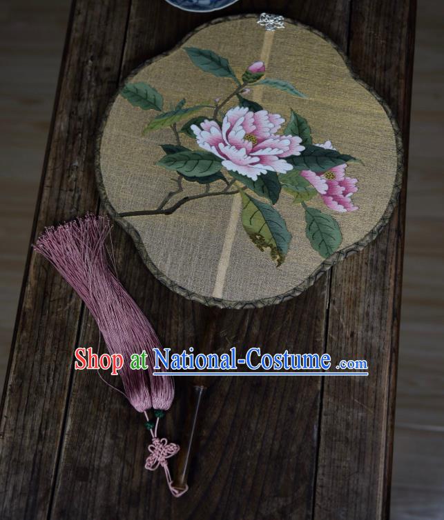 China Handmade Camellia Pattern Palace Fan Ancient Song Dynasty Princess Court Fan Traditional Light Yellow Silk Fan