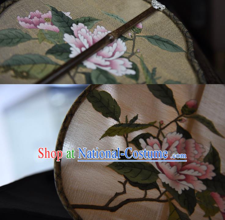 China Handmade Camellia Pattern Palace Fan Ancient Song Dynasty Princess Court Fan Traditional Light Yellow Silk Fan