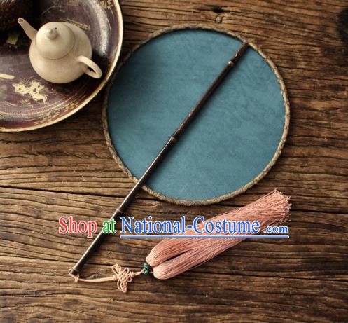 China Ancient Song Dynasty Princess Court Circular Fan Traditional Blue Silk Fan Handmade Lucky Pattern Palace Fan