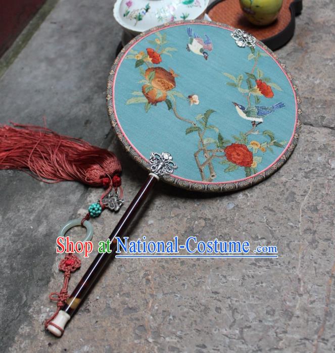 China Handmade Pomegranate Bird Pattern Blue Silk Fan Ancient Song Dynasty Princess Palace Fan Traditional Circular Fan