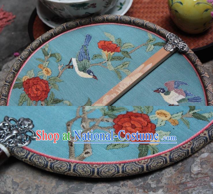 China Handmade Pomegranate Bird Pattern Blue Silk Fan Ancient Song Dynasty Princess Palace Fan Traditional Circular Fan