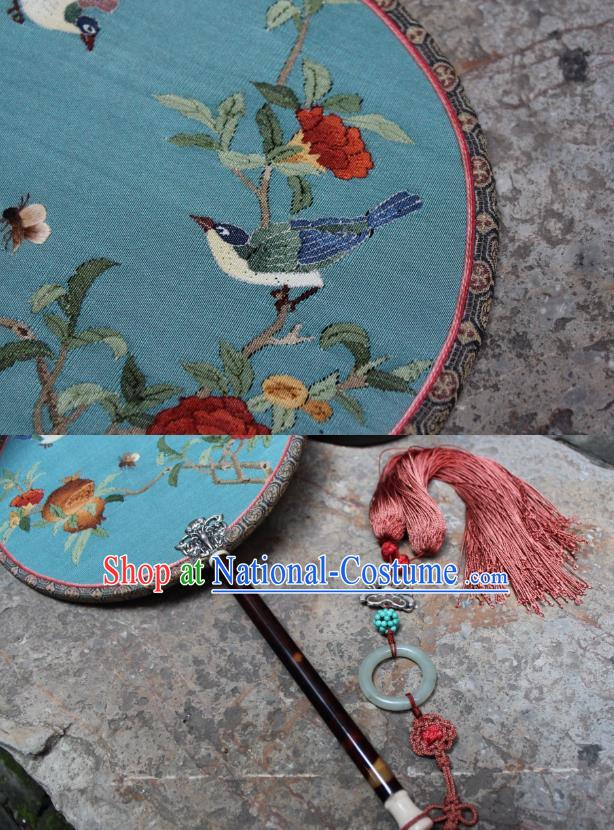 China Handmade Pomegranate Bird Pattern Blue Silk Fan Ancient Song Dynasty Princess Palace Fan Traditional Circular Fan