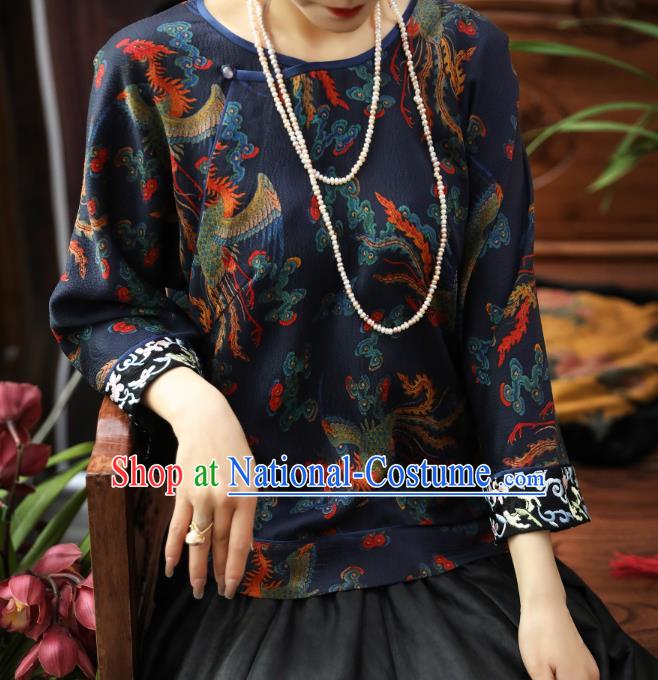 China Classical Phoenix Pattern Navy Gambiered Guangdong Gauze Upper Outer Garment Traditional Women Tang Suit Silk Shirt