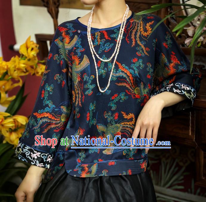 China Classical Phoenix Pattern Navy Gambiered Guangdong Gauze Upper Outer Garment Traditional Women Tang Suit Silk Shirt