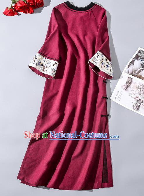 Asian Chinese Classical Embroidered Round Collar Cheongsam Traditional Qing Dynasty Court Woman Purple Silk Qipao Dress Clothing