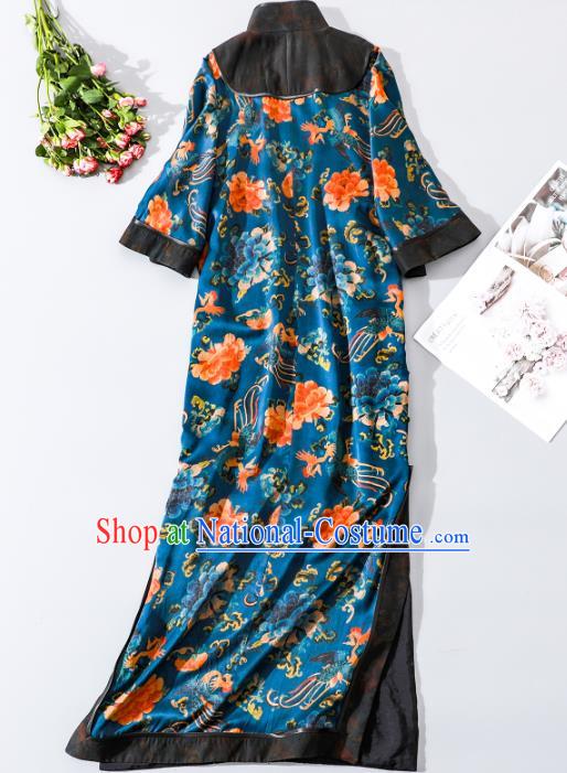 Asian Chinese Qing Dynasty Court Lady Clothing Traditional Phoenix Peony Pattern Qipao Dress Classical Blue Silk Cheongsam