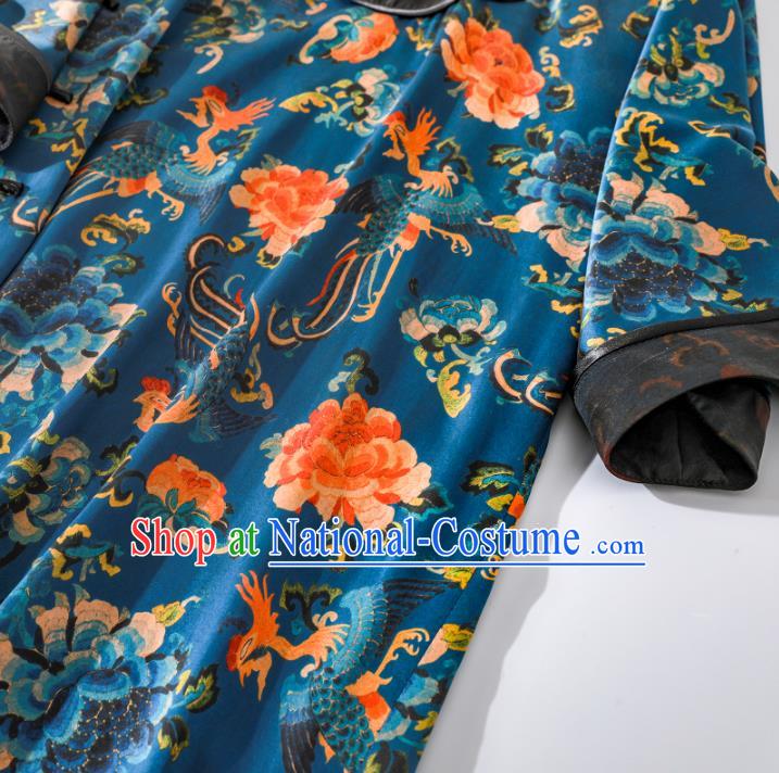 Asian Chinese Qing Dynasty Court Lady Clothing Traditional Phoenix Peony Pattern Qipao Dress Classical Blue Silk Cheongsam