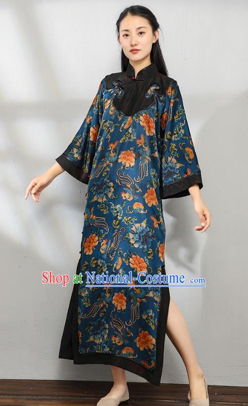 Asian Chinese Qing Dynasty Court Lady Clothing Traditional Phoenix Peony Pattern Qipao Dress Classical Blue Silk Cheongsam