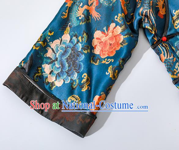 Asian Chinese Qing Dynasty Court Lady Clothing Traditional Phoenix Peony Pattern Qipao Dress Classical Blue Silk Cheongsam