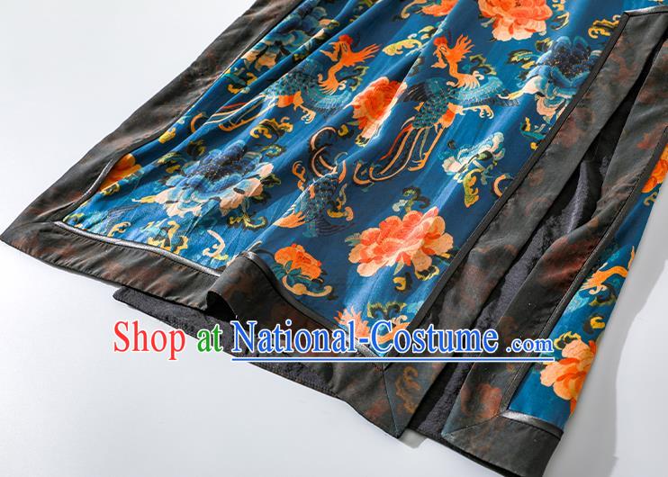 Asian Chinese Qing Dynasty Court Lady Clothing Traditional Phoenix Peony Pattern Qipao Dress Classical Blue Silk Cheongsam