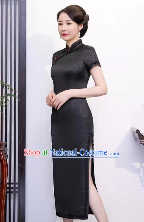 Chinese Party Compere Clothing Stage Show Black Silk Qipao Dress National Young Woman Cheongsam