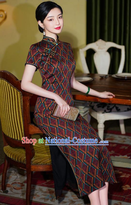 Chinese National Modern Cheongsam Party Compere Clothing Traditional Wine Red Qipao Dress