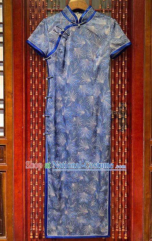 Chinese Party Compere Clothing National Woman Cheongsam Dress Traditional Blue Satin Qipao