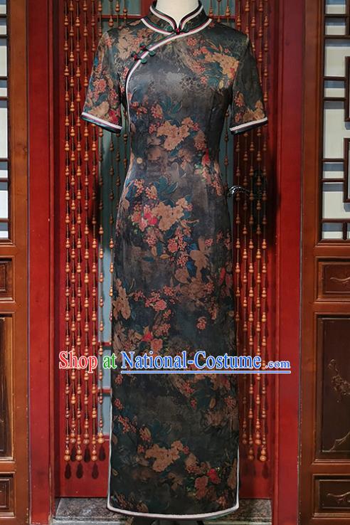 Chinese Traditional Classical Dance Qipao Dress Clothing Pear Blossom Pattern Grey Silk Cheongsam