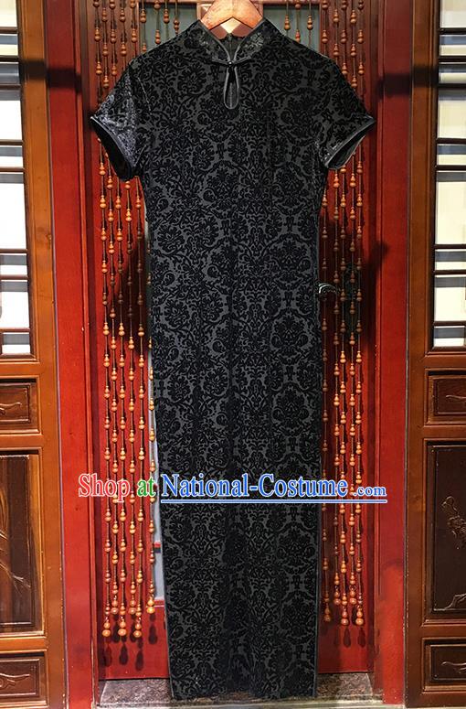 China Traditional Elderly Woman Black Cheongsam National Qipao Dress Classical Mother Clothing