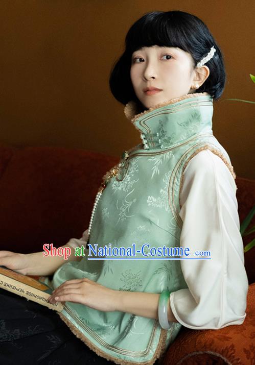 Chinese National Stand Collar Lambswool Waistcoat Traditional Light Green Silk Vest Costume